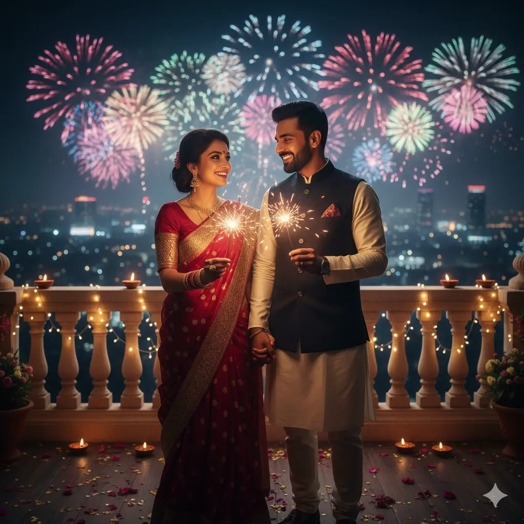 Capture a couple holding sparklers on a balcony during Diwali night, fireworks softly glowing in the distance, romantic and joyful atmosphere.