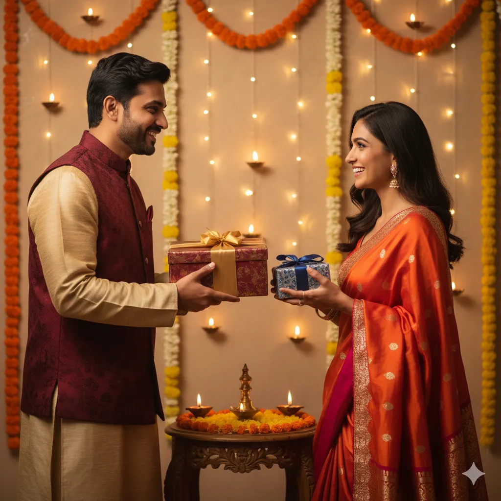 Couple exchanging gifts during Diwali, traditional festive clothes, warm lighting, happiness and love captured in their expressions.