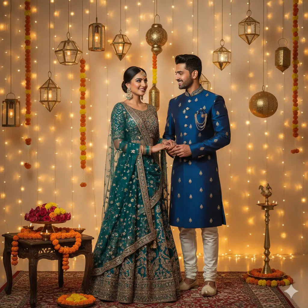 Stylish Diwali couple portrait, woman in a lehenga, man in a sherwani, background decorated with lanterns and fairy lights, perfect for Instagram post and Whatsapp status.