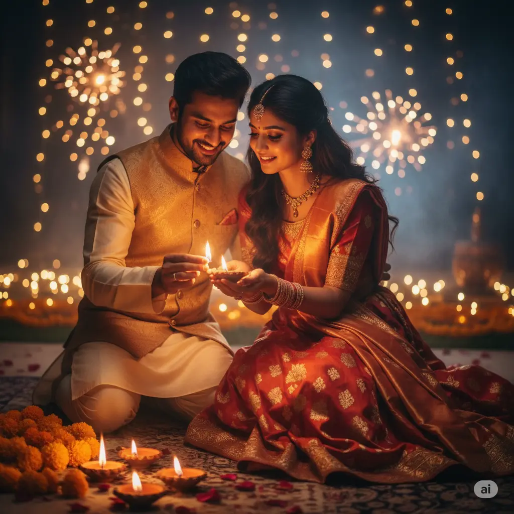 Create a warm, romantic photo of a couple lighting diyas together during Diwali night, soft golden glow on their faces, traditional Indian outfits, bokeh lights in the background
