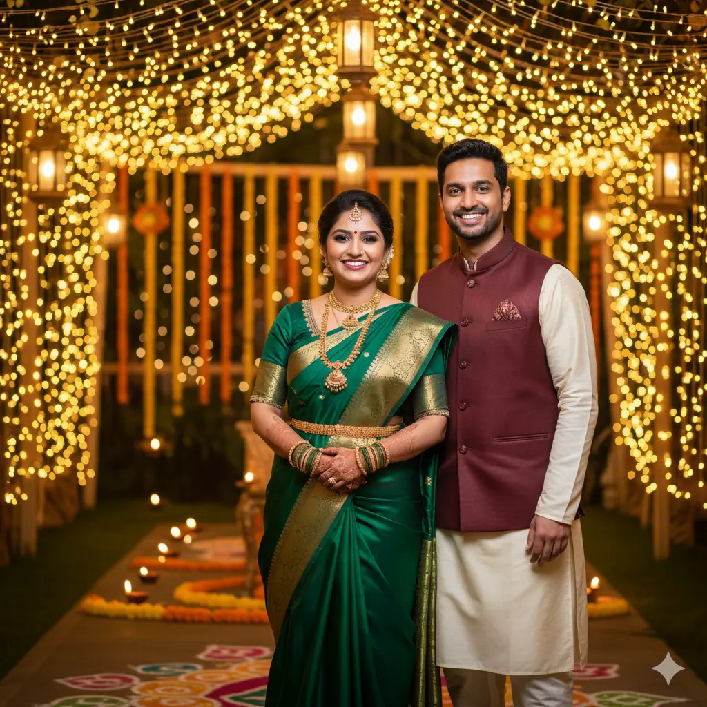 A festive Diwali photoshoot of a couple wearing traditional Indian attire — the woman in a saree, the man in a kurta, standing together under string lights, smiling naturally.