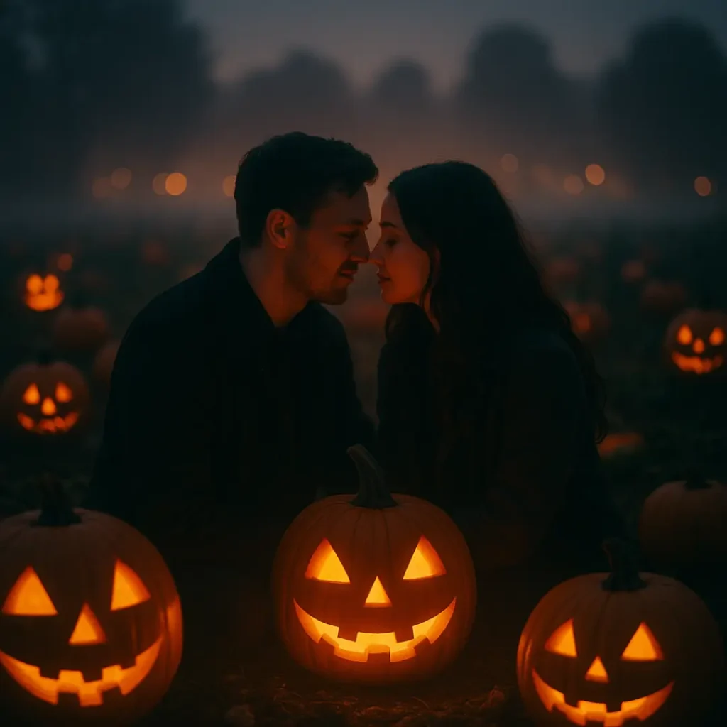 A cozy yet eerie scene of a couple surrounded by glowing jack-o’-lanterns in a foggy pumpkin field at dusk. The warm orange light reflects off their faces while the background fades into cinematic bokeh. It’s the perfect balance between romantic and haunting — a gentle reminder that love never dies.