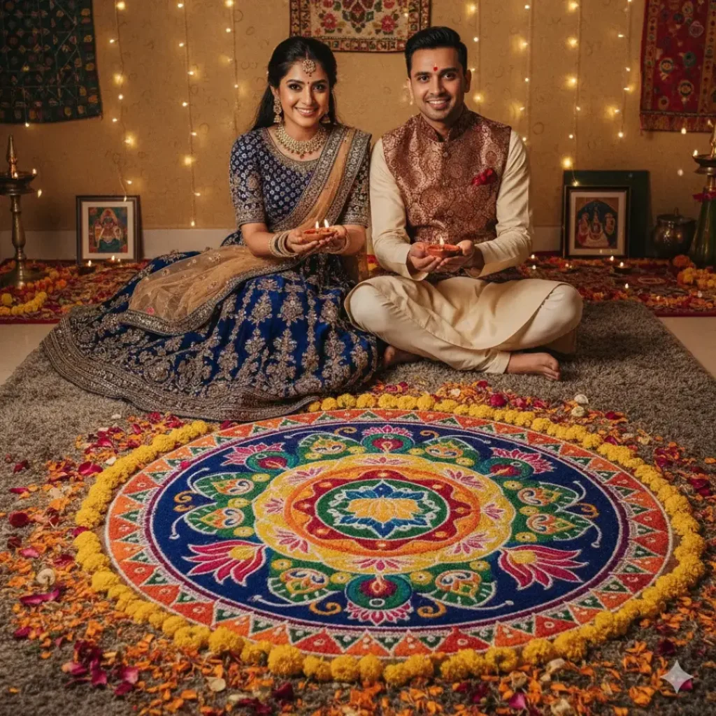 A couple sitting beside a colorful Diwali rangoli, dressed in festive outfits, holding diyas, with flower petals scattered around them.