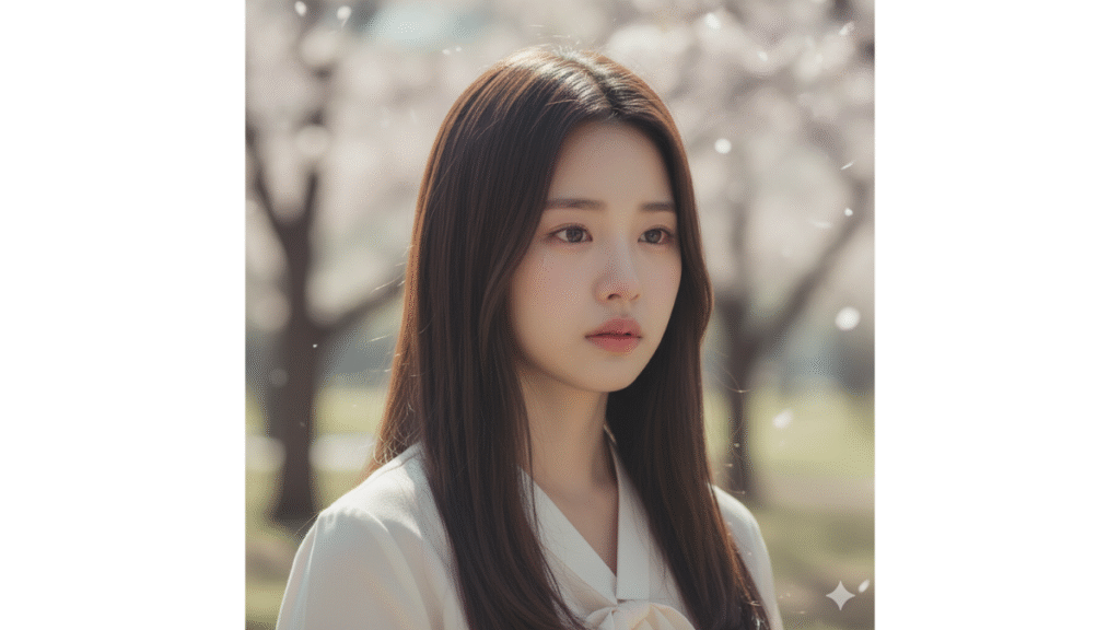 Cinematic portrait of a girl in natural daylight, Korean drama style, soft hair light, minimal makeup, outdoor pastel background, emotional expression, dreamy color grading, realistic skin texture.
