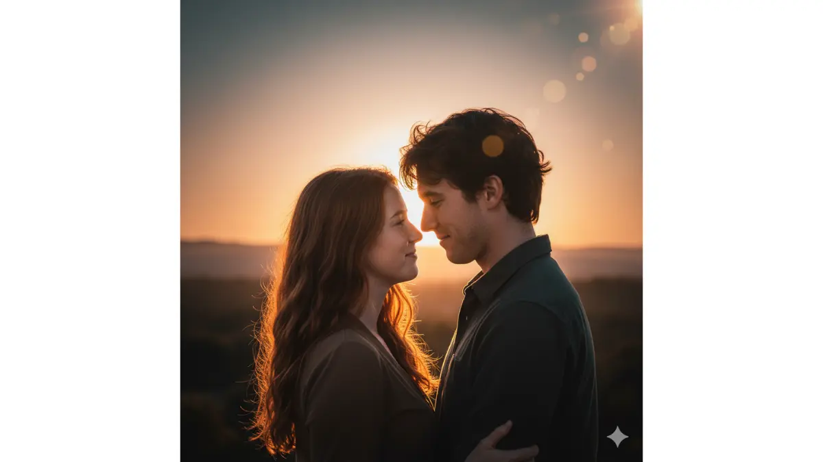A young couple stands close together in the warm embrace of soft evening sunlight, their bodies gently leaning toward one another in quiet intimacy. The golden hour sky glows with rich amber and rose hues, casting a dreamy backlight that silhouettes their figures against a blurred horizon of distant trees and rolling hills. Subtle lens flare dances across their tousled hair—hers long and wavy, catching sparks of light; his slightly windswept—creating ethereal halos and bokeh effects that add a magical, romantic atmosphere.