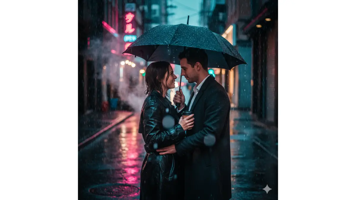 A young couple stands shoulder-to-shoulder beneath a single black umbrella in the hush of light, steady rain, their faces inches apart, sharing warmth and quiet laughter. The scene unfolds on a narrow, rain-slicked city sidewalk just after dusk—wet asphalt mirrors the world above in liquid neon: electric pinks, cool cyans, and warm ambers from distant signs and passing headlights, fractured into rippling puddles that stretch toward infinity. Each droplet on the umbrella’s taut nylon surface catches and refracts the glow, forming tiny prisms that sparkle like scattered jewels.
