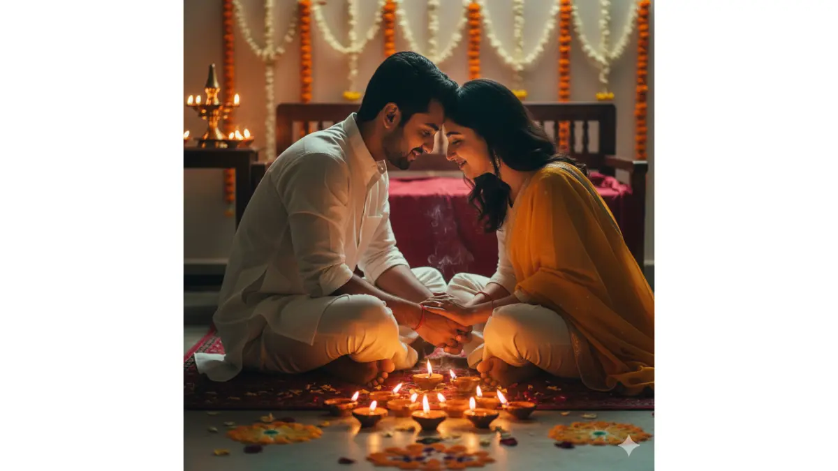 A young couple sits cross-legged on a handwoven Kashmiri rug, bodies angled inward, knees touching, foreheads nearly grazing in the hush of a Diwali evening. Between them, a constellation of tiny clay diyas flickers—each flame a trembling golden heart, fed by pure ghee that releases faint curls of fragrant smoke. The warm light pools across their faces: his cheekbones catch amber highlights, her skin glows with a soft subsurface scatter that reveals the finest down along her jaw. Shadows cradle the hollows beneath their eyes, deepening the intimacy of their gaze.