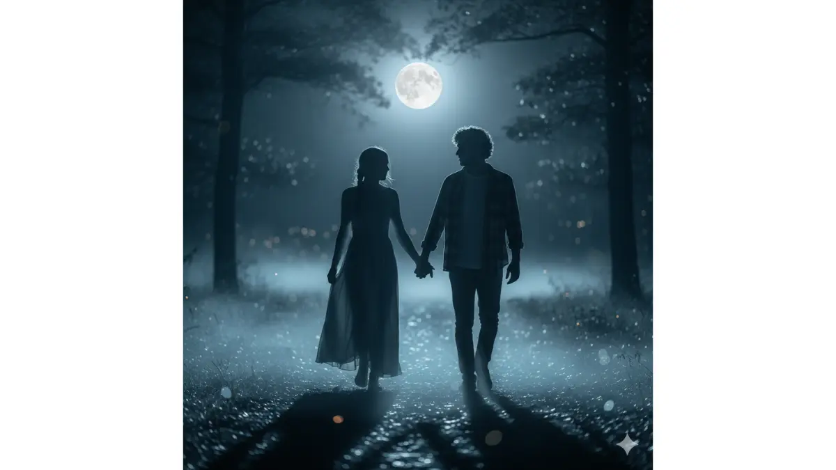 A young couple walks hand in hand along a narrow, dew-kissed forest path at the stroke of midnight, the full moon hanging low and luminous like a polished silver coin. Its cool, silvery-blue light (tungsten-balanced to 5500 K yet rendered with a faint cyan shift) bathes the scene in an otherworldly monochrome glow, desaturating the palette to hushed indigos, ghostly lavenders, and liquid mercury highlights. A thin veil of mist drifts ankle-high, swirling gently around their legs and catching moonbeams in translucent ribbons that refract into microscopic prisms.
