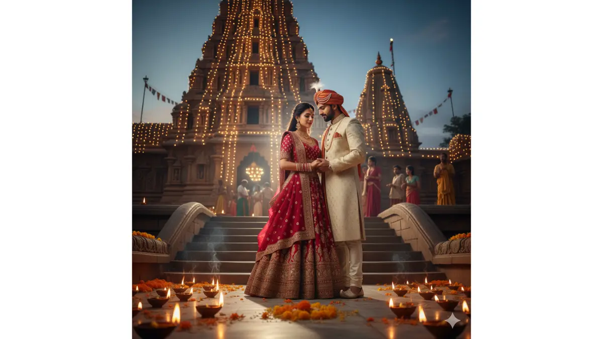 A romantic Indian couple in their late 20s, dressed in intricate ethnic attire—she in a flowing crimson lehenga choli with heavy gold zari embroidery, dupatta draped elegantly over one shoulder, delicate jhumkas swaying, and a bindi on her forehead; he in a cream sherwani with subtle golden threadwork, a saffron turban adorned with a pearl brooch, and a neatly tied mojari—standing close together in a tender embrace, their hands gently clasped in a gesture of shared devotion and quiet intimacy.