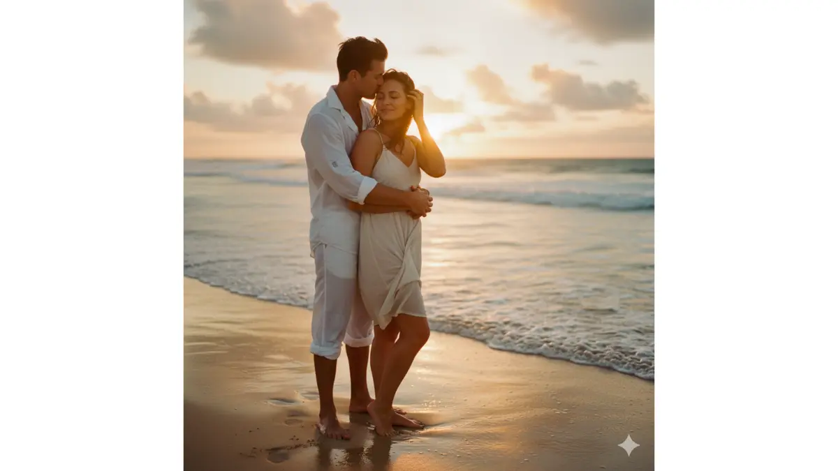 A romantic couple in their mid-20s locked in a tender, intimate embrace on a pristine tropical beach at golden hour, just after a light rain. He stands slightly behind her, arms wrapped gently around her waist; she leans back into him, one hand resting on his, the other brushing wind-tousled hair from her face. Both barefoot, ankles kissed by retreating waves. Their expressions are soft, eyes half-closed in quiet bliss, subtle smiles—her head tilted toward his as he presses a light kiss to her temple. Loose linen clothing flutters in the warm breeze; his white shirt unbuttoned at the collar, her pale sundress clinging slightly from sea mist.