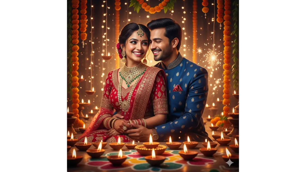 A joyful Indian couple in vibrant traditional attire—her in a shimmering crimson lehenga with intricate gold zari embroidery and kundan jewelry, him in a royal sherwani with subtle paisley motifs—embrace tenderly amid a sea of flickering earthen diyas and cascading fairy lights. Their faces glow with radiant, genuine smiles, eyes sparkling with love and festivity