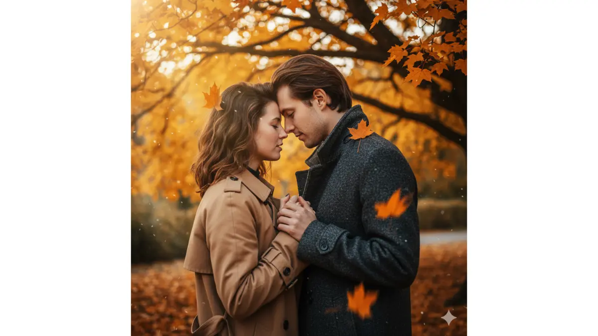 A young couple stands entwined beneath a golden canopy of ancient maple trees, their bodies pressed close in effortless intimacy—her fingers laced through his, his palm cradling the small of her back beneath the open camel trench coat, pulling her gently into the curve of his charcoal peacoat. Their foreheads nearly touch, noses brushing in a breath-shared pause; her lips part in a soft, unspoken whisper, his eyes half-closed, lashes casting delicate shadows across cheeks flushed with quiet desire.