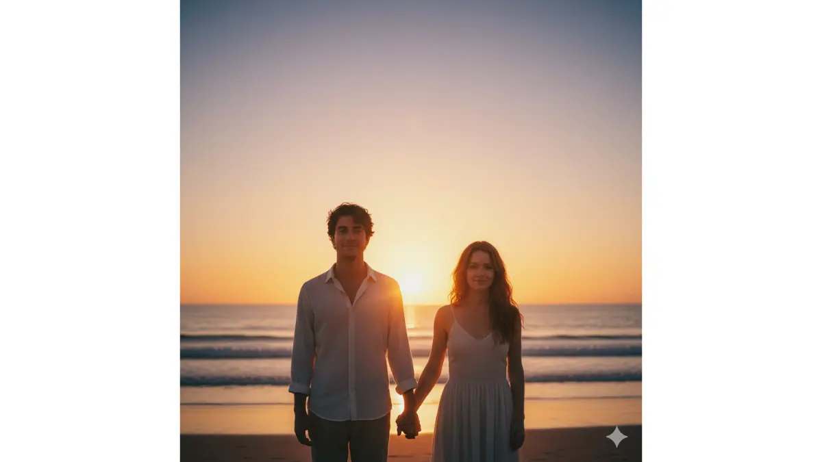 A romantic couple, mid-20s, standing close and holding hands tenderly, their fingers interlaced in a natural, affectionate grip; the man slightly taller with tousled dark hair and a gentle smile, the woman with flowing auburn waves cascading over her shoulders, both dressed in simple, timeless attire—a soft linen shirt for him and a light sundress for her—facing the viewer with subtle expressions of quiet intimacy and contentment.