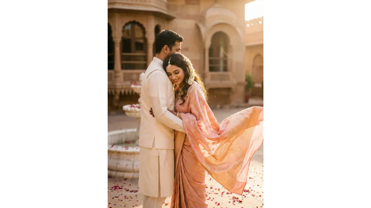 Romantic Indian pre-wedding portrait, golden hour in 200-year-old restored Rajasthani haveli courtyard, warm magic-hour sunset light. Beautiful bride in luxurious pastel pink-gold Banarasi silk saree with real zari brocade, perfect Nivi drape, flying pallu catching golden breeze, long soft curls with mogra gajra, diamond maang tikka, kundan jewellery, dewy makeup