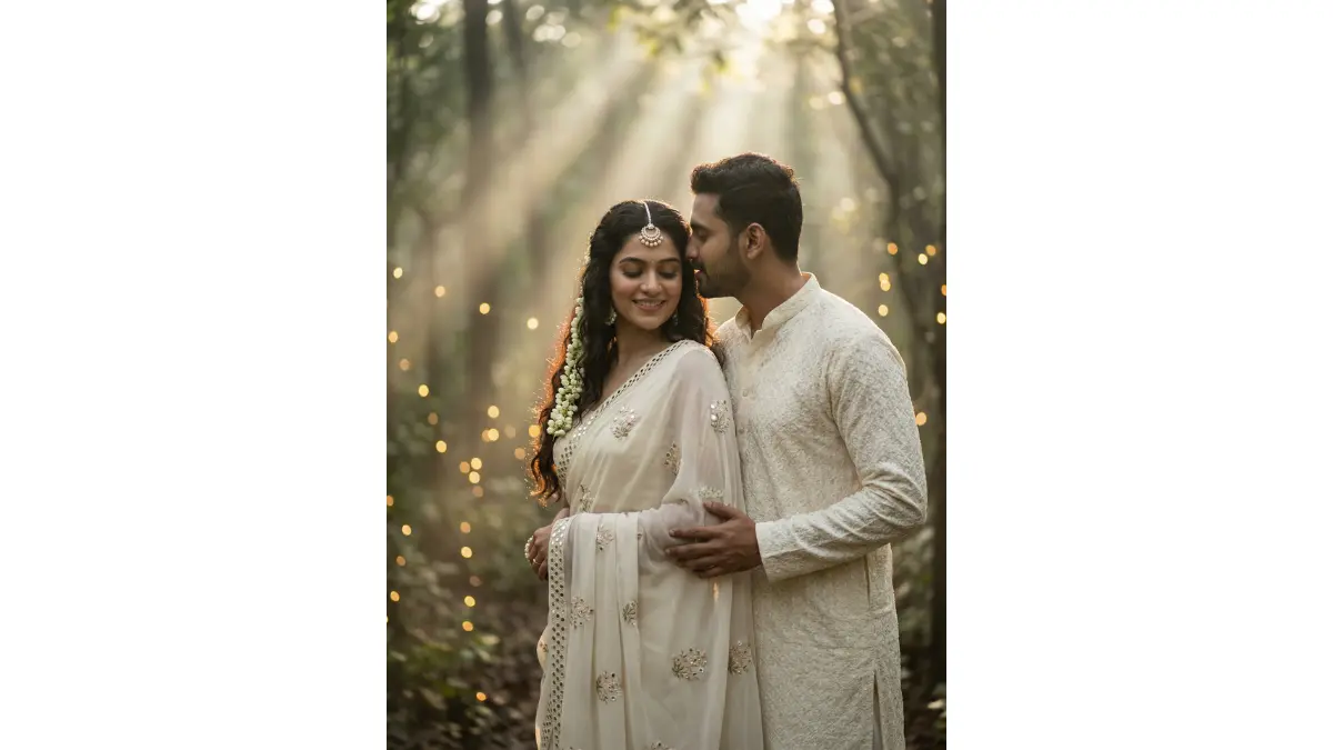 Intimate Indian pre-wedding portrait, lush monsoon forest at golden hour, soft god-rays and mist. Beautiful bride in ethereal off-white chiffon saree with mirror work, flowing pallu, mogra gajra in long wavy hair, pearl maang tikka & minimal floral jewellery, dewy skin, eyes closed with shy smile.
