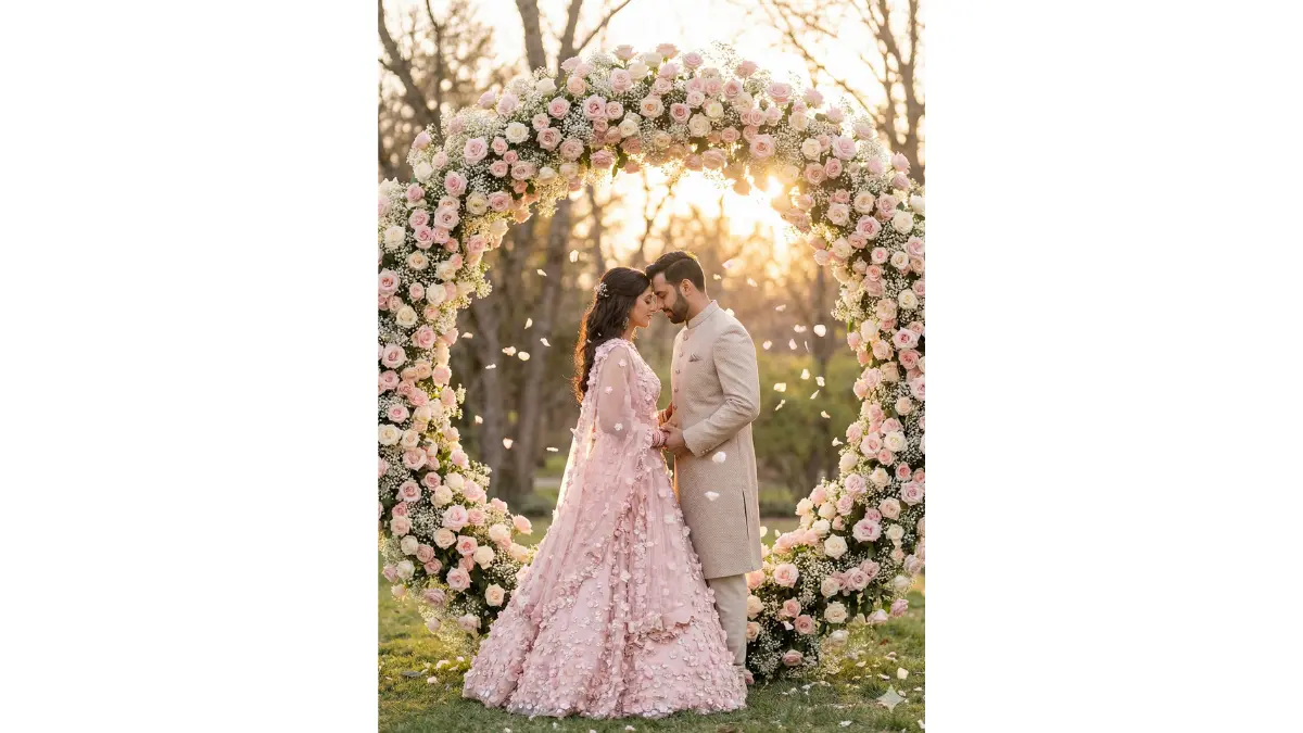 Massive 12-foot circular moon gate made entirely of fresh blush-pink roses and baby’s breath. Couple perfectly framed inside, bride in 3D floral appliqué lehenga, groom in textured beige bandhgala, forehead-to-forehead pose.