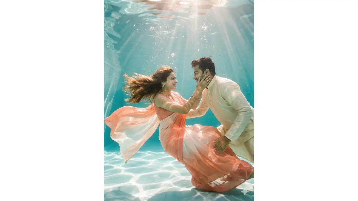 Breathtaking underwater pre-wedding portrait in crystal-clear pool. Bride in weightless peach-to-white ombre saree floating like a goddess, long hair spreading in water, eyes open looking lovingly at groom. Groom in cream kurta holding her face gently.