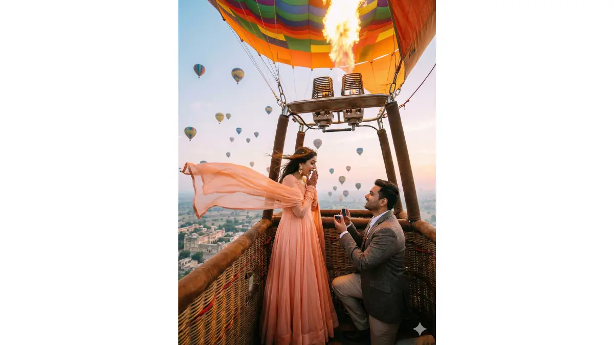 Aerial masterpiece inside colorful hot-air balloon basket at 800ft during vibrant sunrise. Bride in flowing peach anarkali with dupatta flying horizontally in wind, groom on one knee with ring box open. Balloon flames dramatically lighting their faces, pastel sky with hundreds of distant balloons, tiny palaces below, wind-swept hair, epic scale