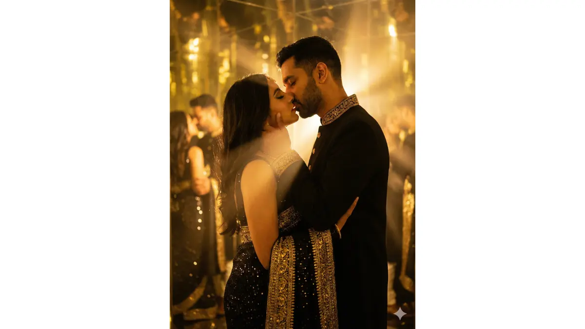 Ultra-close romantic portrait inside a luxury mirror maze lit only by golden spotlights. Tight framing on the couple’s faces and upper bodies, crystal-clear facial details, intense eye contact melting into a deep passionate kiss. Bride in rare black sequin saree with heavy gold zari, groom in all-black sherwani with gold embroidery. Infinite reflections behind them only, softly blurred to keep the couple sharply in focus. Dramatic gold light sculpting their faces, rich contrast, luxurious cinematic mood, optical illusion depth but centered composition on their expressions.