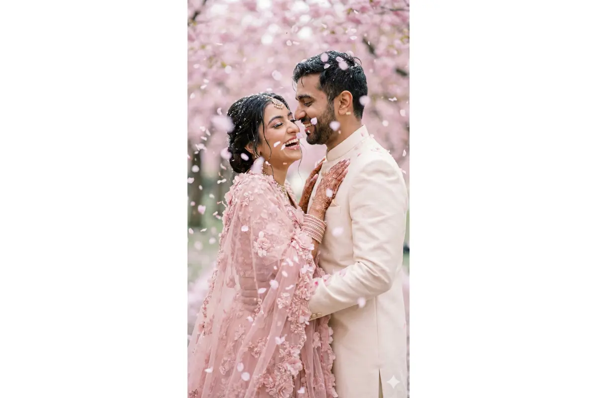 Indian bride and groom surrounded by blizzard of pink petals falling like snow, bride in blush pink organza with 3D floral appliqués, groom in cream silk, petals sticking to wet lips and eyelashes, ultra-detailed petal textures, soft pastel cinematic look