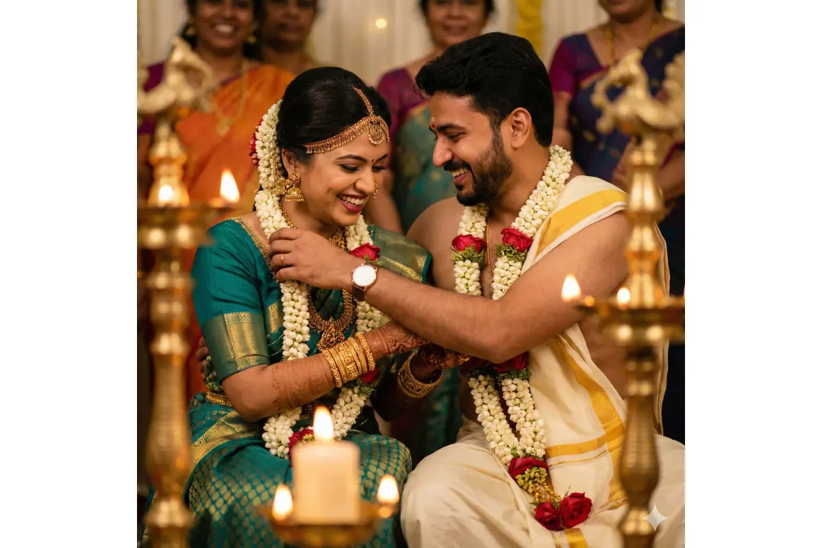 intimate close-up of stunning South Indian bride and groom during jaimala ceremony, bride in temple jewelry and Kanjeevaram silk saree in peacock green and gold, jasmine flowers braided in long hair, groom in cream veshti with golden border, both laughing softly while exchanging garlands, warm candlelight and oil lamps