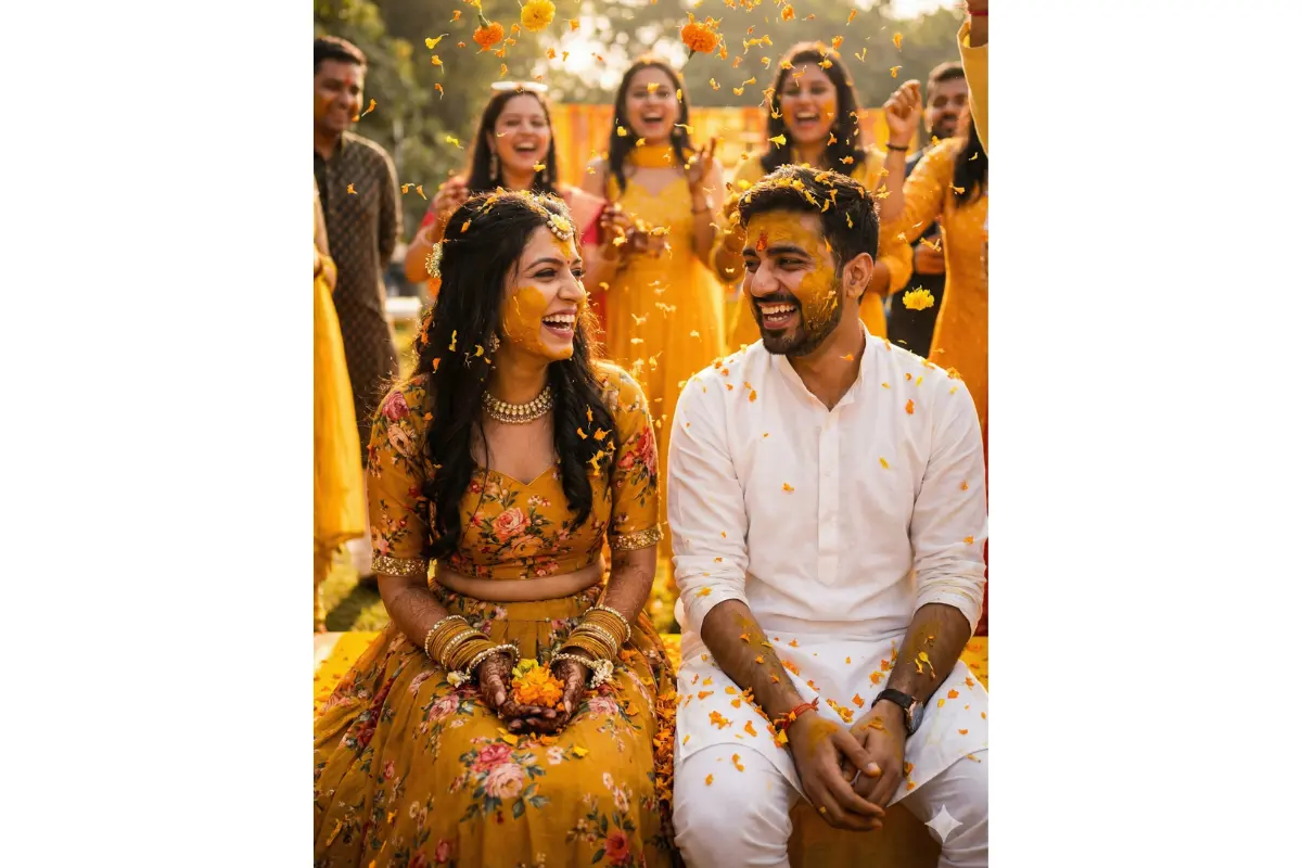 Bright, joyful haldi ceremony with turmeric smeared on cheeks, marigold shower, friends laughing in the background. Bride in mustard floral lehenga with open hair; groom in white kurta soaked in haldi.