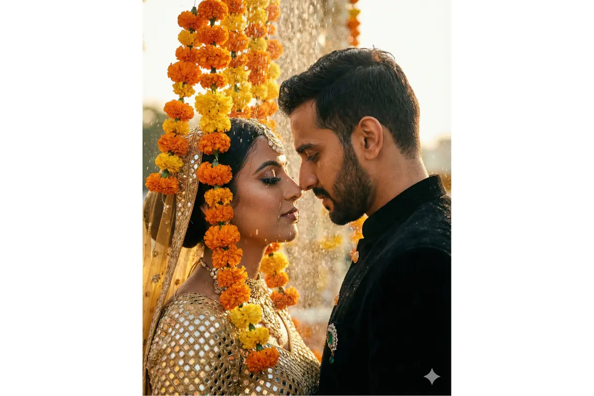 close-up cinematic portrait of breathtaking Indian bride and groom faces inches apart under cascading waterfall of real marigold flowers, bride in liquid gold mirror-work lehenga reflecting every petal, 50-carat diamond maang tikka blazing, groom in black velvet sherwani with emerald brooch, both drenched in golden hour light, water mist on skin