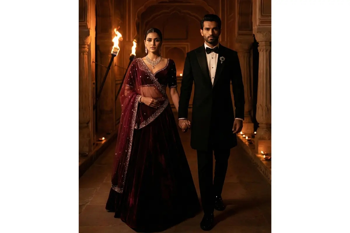 nighttime cinematic close shot of glamorous Indian couple walking through palace corridor lit only by fire torches and diya rows, bride in deep wine velvet lehenga with swarovski crystals, groom in black tuxedo-sherwani fusion with emerald brooch, dramatic low-key lighting