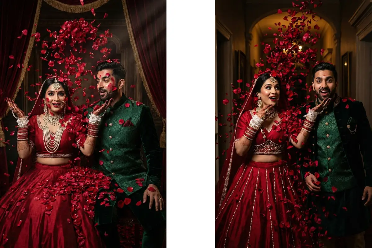 Rose petal avalanche portrait, indian bride and groom buried in a cascade of scarlet roses tumbling like a winter landslide, bride in crimson taffeta with pearl beading, groom in emerald brocade waistcoat.