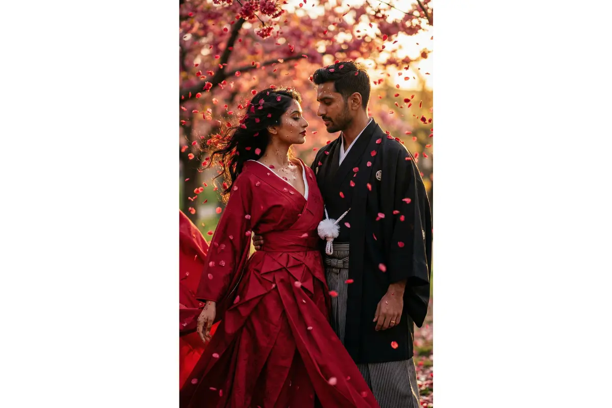 Sakura petal whirlwind portrait, indian bride and groom enveloped in a vortex of crimson cherry blossoms drifting like autumn leaves, bride in flowing red kimono with intricate origami folds, groom in black haori jacket, petals clinging to dewy skin and flowing hair