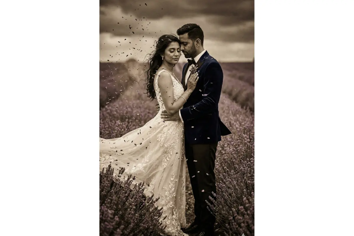 Lavender field tempest portrait, indian bride and groom amidst a gale of purple petals swirling like a summer squall, bride in ivory lace gown with embroidered vine motifs, groom in navy velvet tuxedo, petals dusting tear-streaked cheeks and buttonholes, finely rendered fabric creases, romantic sepia-toned haze