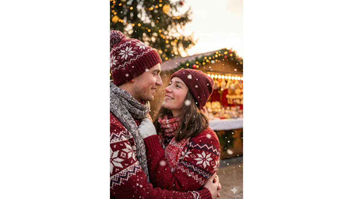 Photo realistic portrait of a loving young couple embracing gently under falling snow, wearing cozy red and white sweaters, warm Christmas lights bokeh in the background, soft golden hour lighting, intimate eye contact