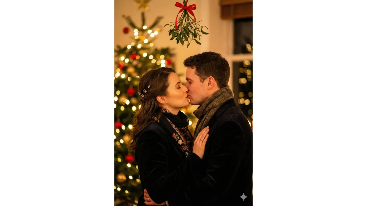 Ultra-realistic close-up portrait of a romantic couple kissing under mistletoe, elegant festive attire with velvet accents, twinkling Christmas tree lights softly blurred behind them, warm candlelit glow on their faces
