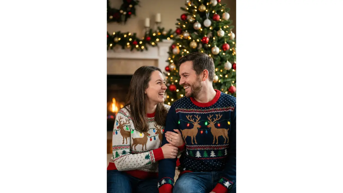 Hyper-detailed realistic portrait of a couple standing arm in arm in front of a beautifully decorated Christmas tree, wearing matching ugly Christmas sweaters, joyful smiles and loving gaze, fireplace glow and ornaments in soft bokeh background, natural lighting, lifelike skin and textures