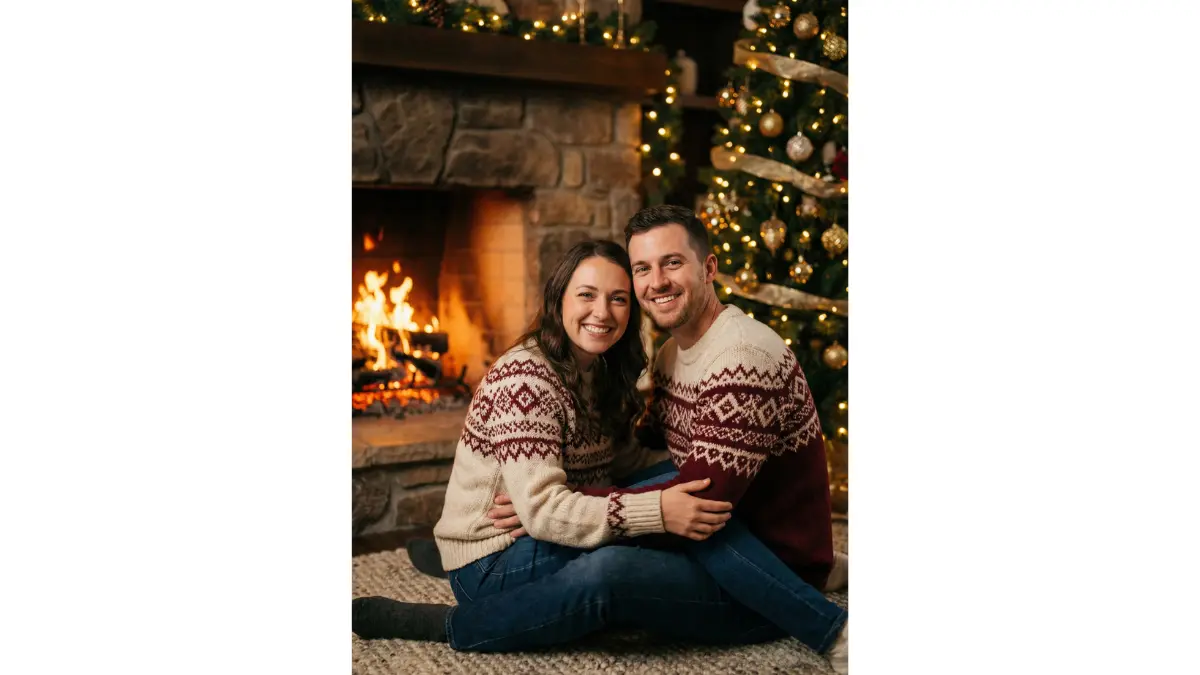 Hyper-realistic Christmas couple portrait, couple sitting close on a soft rug beside a glowing fireplace, warm amber firelight illuminating their faces, wearing knitted cream and red Christmas sweaters, fairy lights softly blurred in background, decorated Christmas tree with gold ornaments, natural skin texture, shallow depth of field, cinematic warmth, cozy holiday mood, ultra-sharp facial details