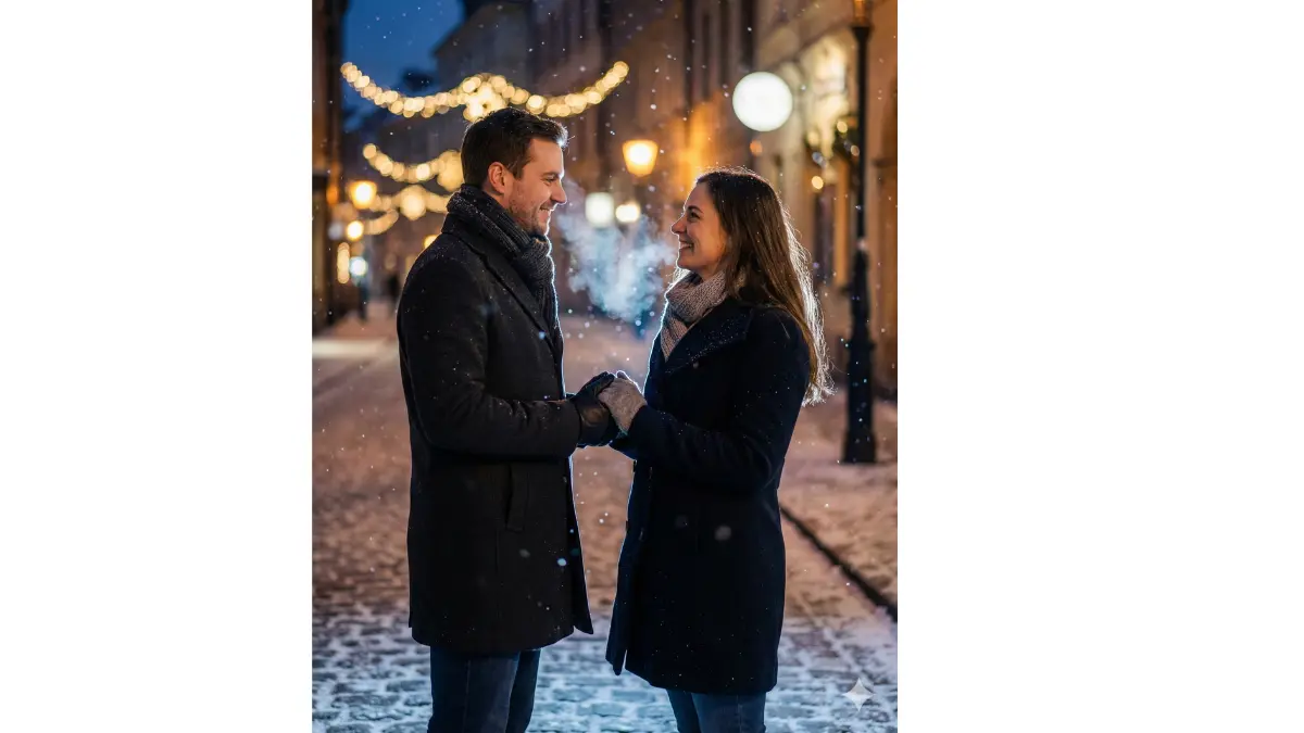 Cinematic Christmas night couple portrait on a softly lit European-style street, gentle snowfall frozen mid-air, couple holding hands and smiling at each other, elegant winter coats and scarves, glowing street lamps creating golden bokeh, frosty breath visible, cool blue tones mixed with warm highlights, ultra-realistic skin and fabric textures, professional portrait lighting