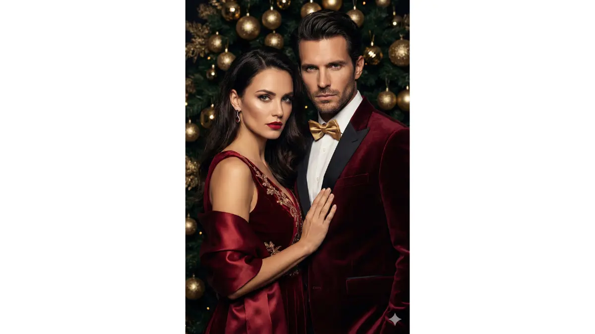 High-fashion Christmas couple portrait, rich red and gold festive palette, velvet and satin outfits with reflective highlights, glossy ornaments softly blurred in background, controlled studio lighting creating depth and contrast, razor-sharp eyes, smooth yet realistic skin texture, dramatic shadows, luxury magazine editorial style