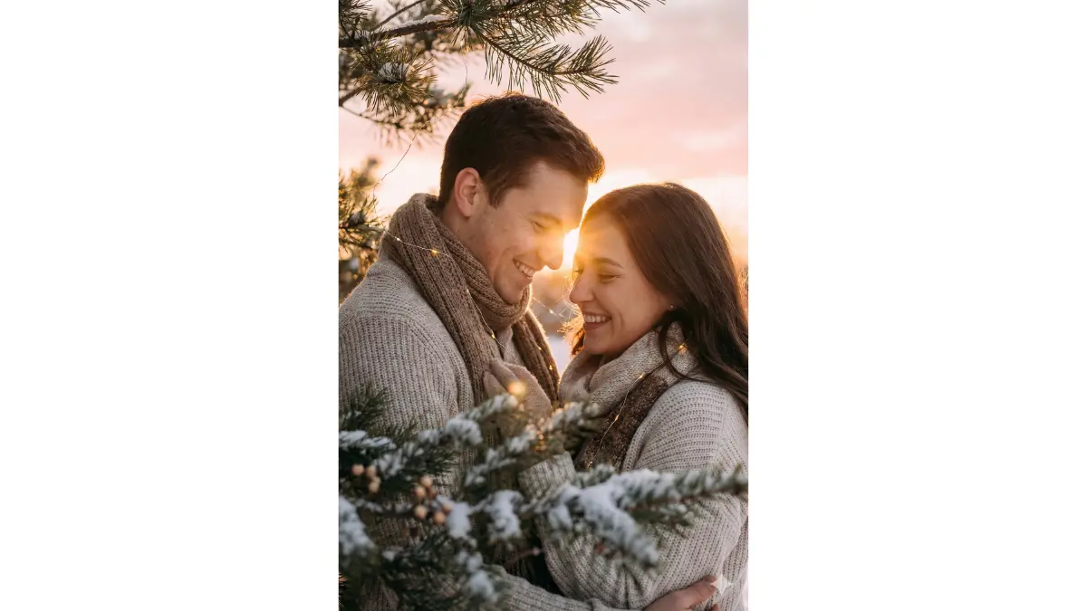 Ultra-cinematic Christmas couple portrait during winter golden hour, soft low sun casting warm glow on faces, subtle festive elements like pine branches and fairy lights, pastel sky background, natural lens flare, realistic skin tones, shallow depth of field, emotional warmth