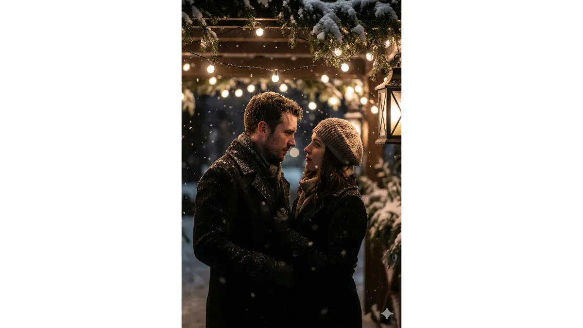 Cinematic midnight Christmas couple portrait, snowfall drifting slowly, couple standing beneath glowing string lights, deep emotional eye contact, elegant winter attire dusted with snow, dramatic low-key lighting, moody shadows, realistic skin texture, cinematic depth, romantic movie-scene storytelling