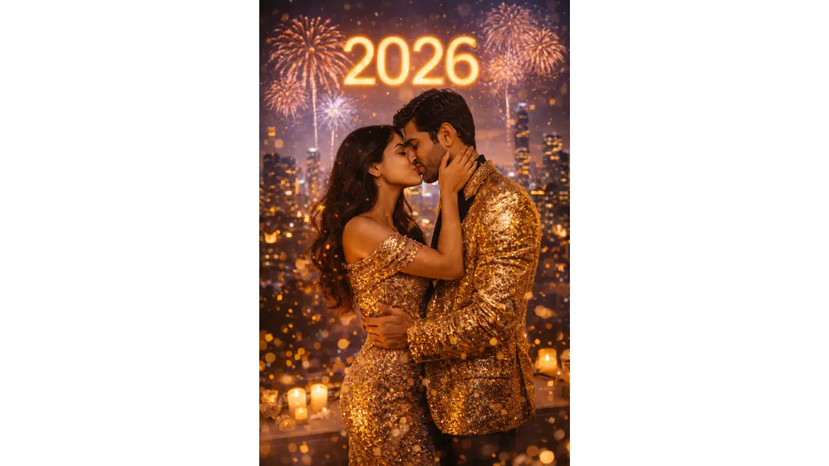 romantic couple in elegant gold sequin outfits sharing a passionate midnight kiss under exploding colourful fireworks in a city skyline at night, large glowing '2026' numbers floating in the sky, confetti falling, cinematic bokeh lights, warm golden hour glow mixed with neon