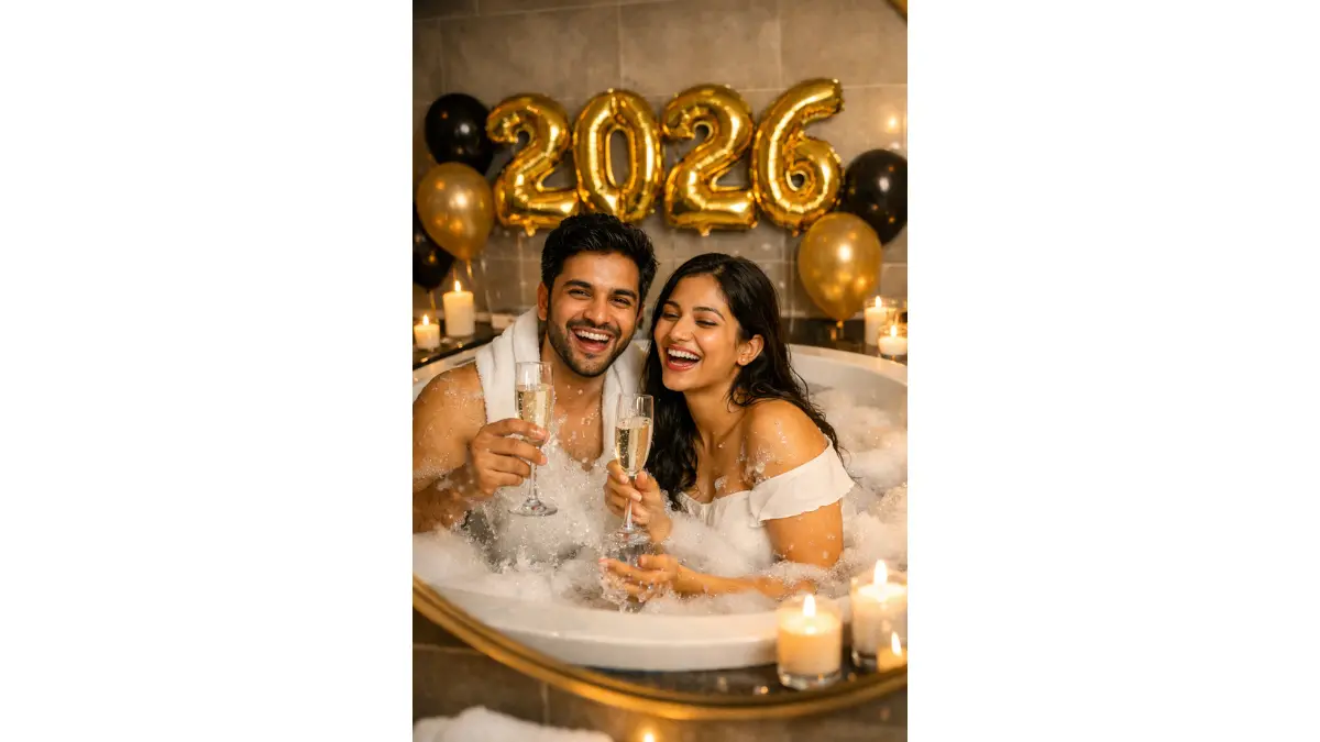 A cheerful young Indian couple enjoying a cozy moment together in a modern, bubble-filled bathtub inside a stylish bathroom. Elegant gold and black balloons spelling “2026” decorate the space, creating a festive New Year atmosphere. Soft warm candlelight illuminates the scene, reflecting gently on tiles and water.