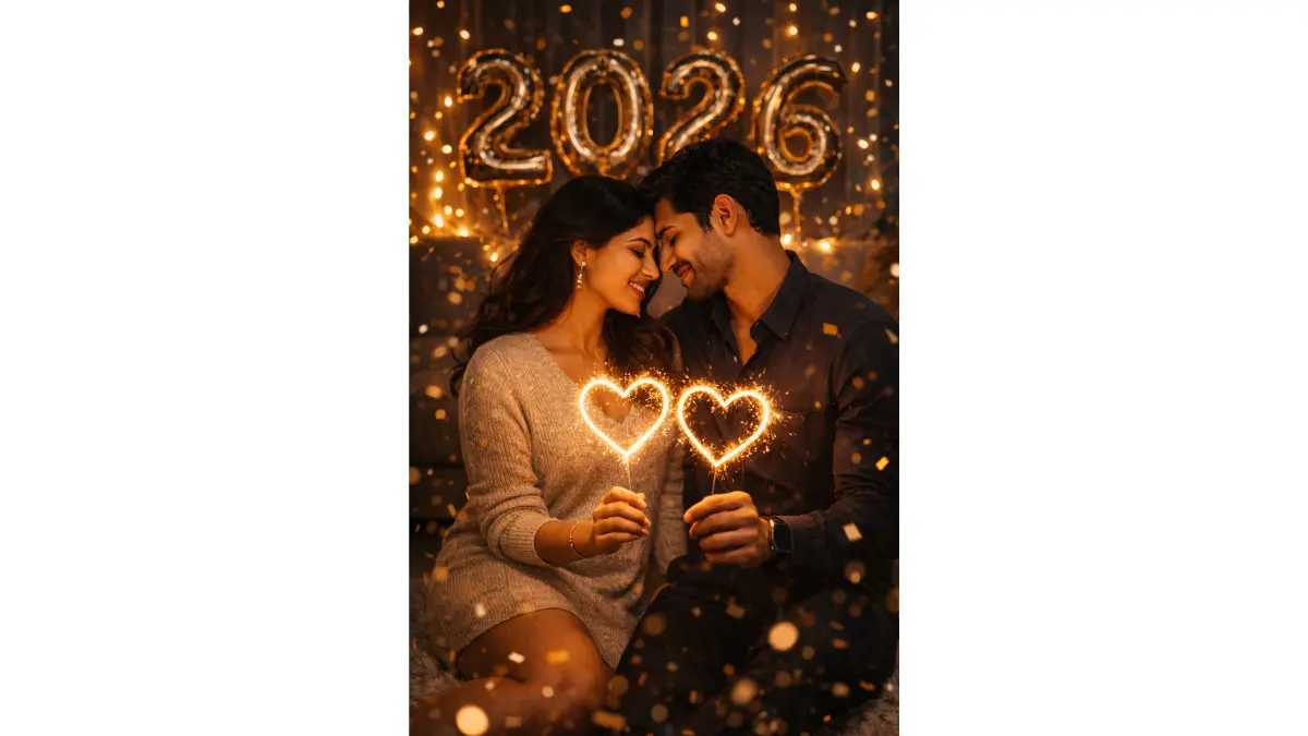 Intimate couple holding glowing sparklers forming heart shapes, sitting close on a plush rug with '2026' foil balloons and fairy lights around, woman in soft sweater dress, man in casual button-up, warm cozy indoor lighting with sparkler glow reflecting on faces, tender smiles and forehead touch, photorealistic warmth and sparkle trails, emotional romantic portrait, high detail