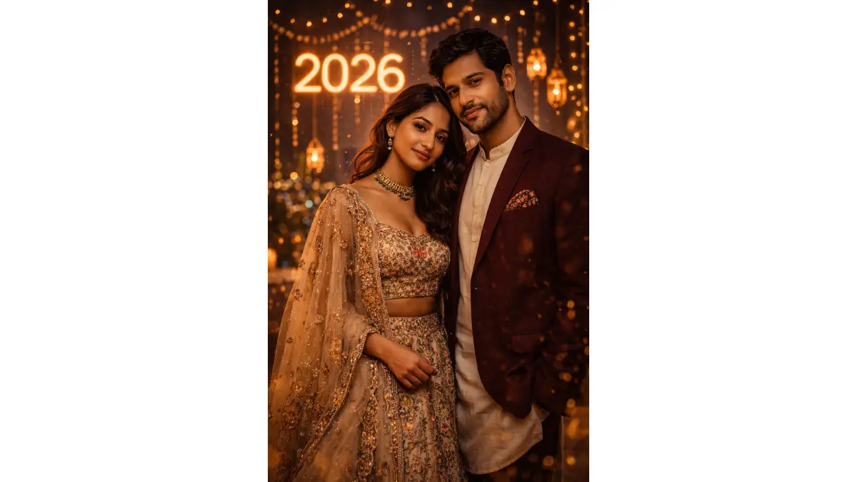 Indian couple blending tradition and modern style, woman in embroidered lehenga, man in modern blazer over kurta, standing under decorative New Year lights, calm confident expressions, rich color tones, soft spotlight lighting, cultural yet contemporary romantic vibe.