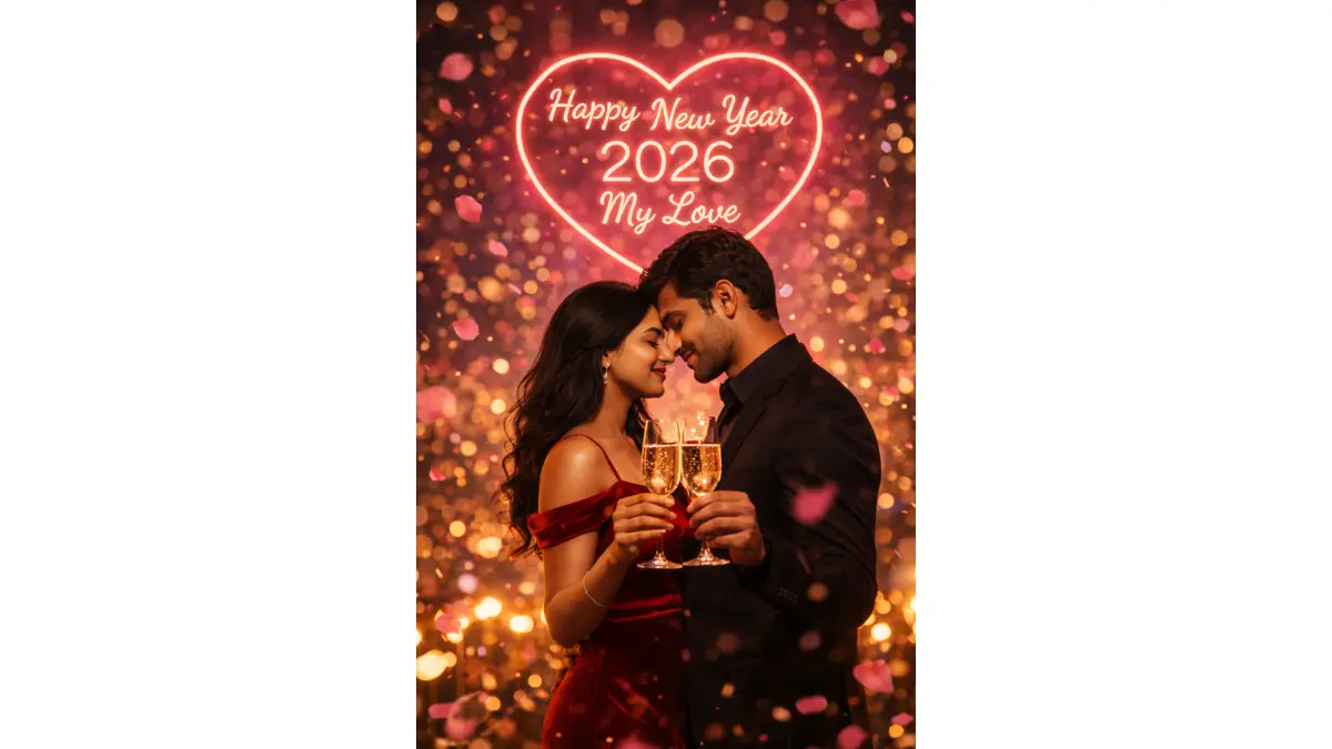 Elegant couple toasting champagne glasses under a glowing heart-shaped neon sign reading 'Happy New Year 2026 My Love', woman in red velvet gown, man in tailored suit, gentle embrace and loving gaze, soft pink and gold bokeh lights with floating rose petals, dreamy romantic atmosphere, cinematic warm lighting, photorealistic textures, high detail on glass bubbles and fabrics, vertical portrait, festive and viral Instagram style.