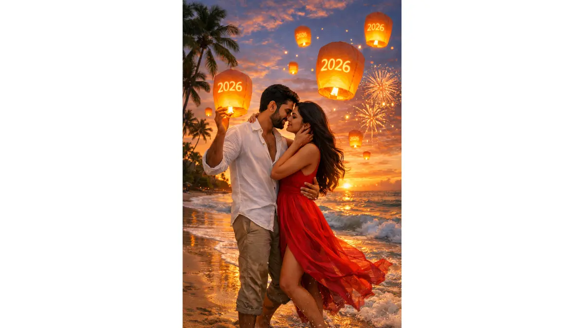 Adventurous Indian couple on a tropical beach at sunset, Medium Close Shot releasing glowing lanterns into the sky with '2026' messages, barefoot in flowing outfits, passionate embrace with ocean waves, golden hour magic, palm trees and distant fireworks.