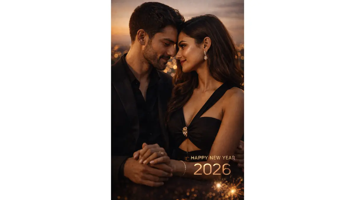 Ultra-realistic vertical portrait of a loving Indian couple in elegant evening wear, foreheads gently touching with tender smiles and deep eye contact, warm golden hour lighting, subtle bokeh fireworks in the blurred background, elegant golden 'Happy New Year 2026' text softly glowing in the lower corner.