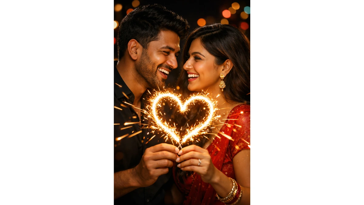 Intimate close-up portrait of a joyful Indian couple holding bright sparklers together, creating a glowing heart shape. Energetic spark trails burst into lively light streaks around them. Natural laughter, happy expressions, and strong eye contact. Warm golden light clearly illuminates their faces, enhancing emotions and skin tones. Dark festive background with colorful soft bokeh lights.