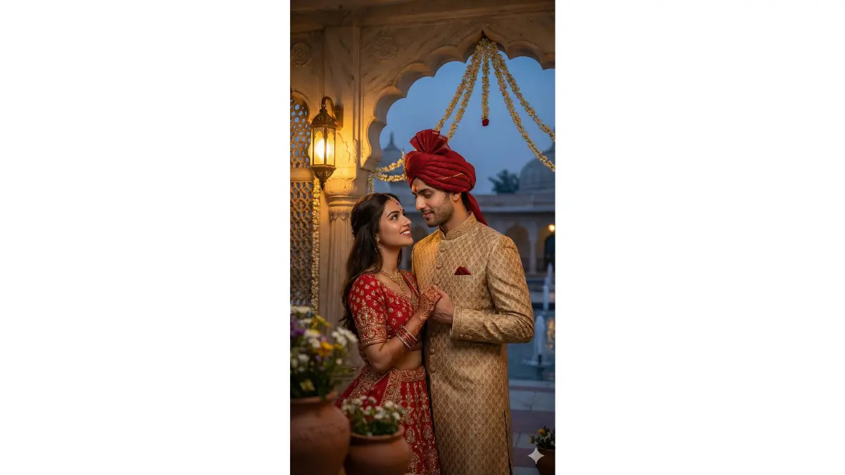 A close-up portrait of a young Indian couple in opulent red and gold lehenga-choli for her and sherwani for him, standing hand-in-hand under a marble archway adorned with intricate jali screens and blooming jasmine garlands in a moonlit Mughal palace courtyard at dusk; sharp focus on their expressive faces—she gazes lovingly at him with a subtle red bindi on her forehead, intricate henna patterns on her hands, warm brown eyes sparkling with joy, soft smile revealing perfect teeth; he smiles protectively back with a tilted pagdi turban, strong jawline and kind hazel eyes lit clearly