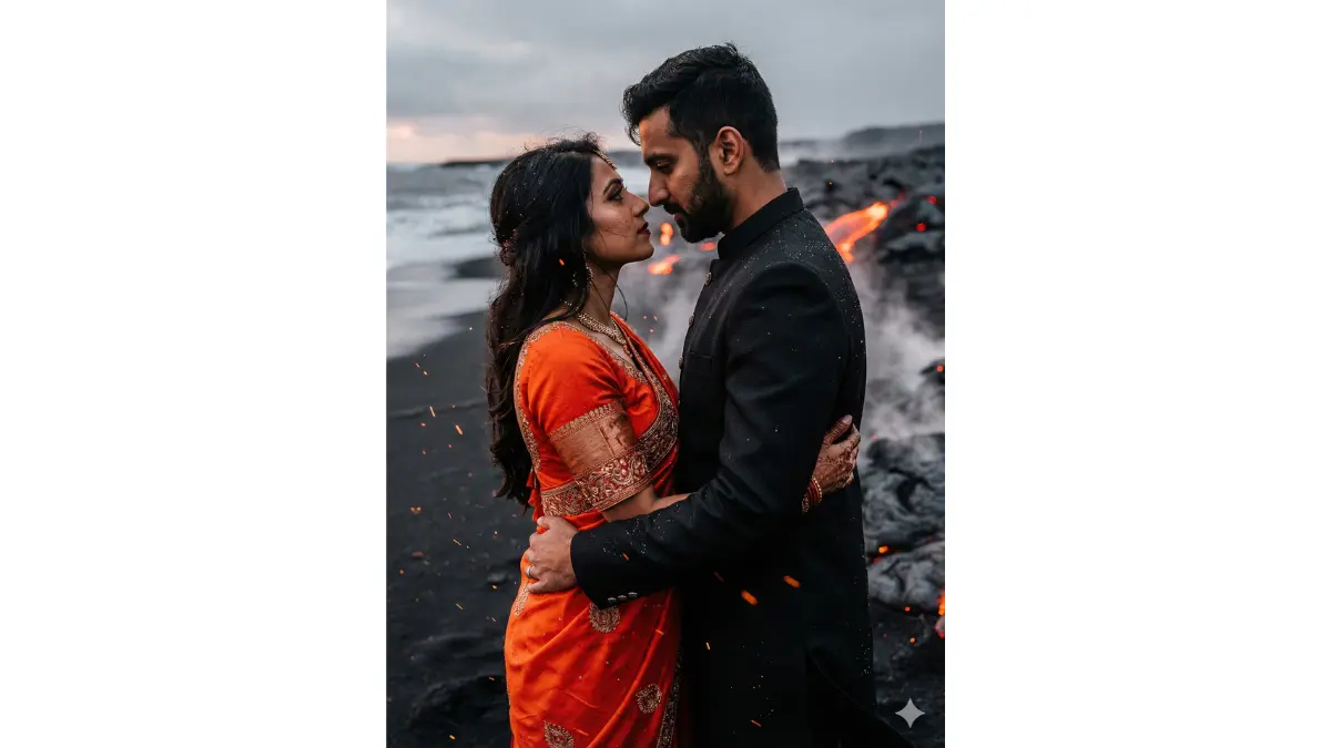 Raw intense pre-wedding portrait, TIGHT MEDIUM-CLOSE SHOT (faces dominant, intense loving gaze). Volcanic black-sand beach at dusk with glowing red lava flows in background. Bride in fiery orange-red saree with metallic lava-like embroidery, groom in black sherwani. Passionate back-hug embrace, lava glow illuminating their profiles dramatically, steam rising, high-contrast shadows