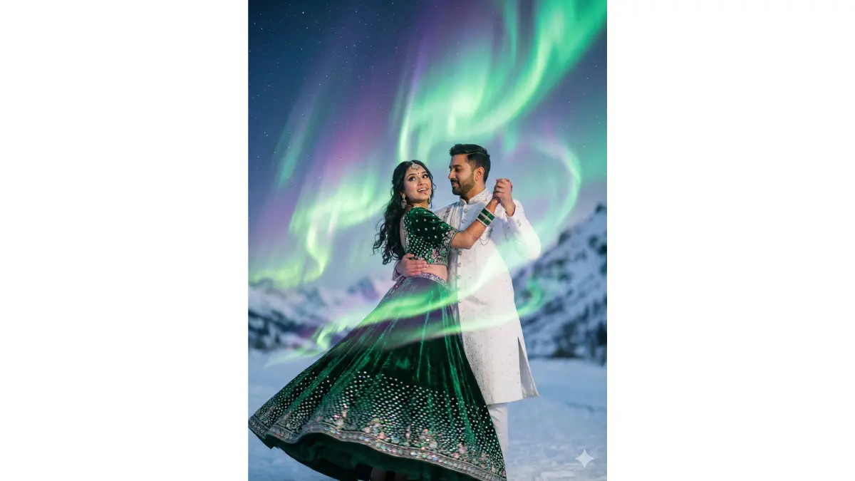 Dreamy surreal pre-wedding scene, TIGHT MEDIUM-CLOSE SHOT (chest-up, faces lit with wonder). Under vibrant green-purple aurora borealis in snowy Himalayas. Couple dancing slowly: bride in emerald-green velvet lehenga with aurora-inspired sequins, groom in white sherwani. Mid-twirl pose with aurora ribbons wrapping around them like magic, soft ethereal lighting, starry sky bokeh, cinematic film grain, ultimate northern lights romance